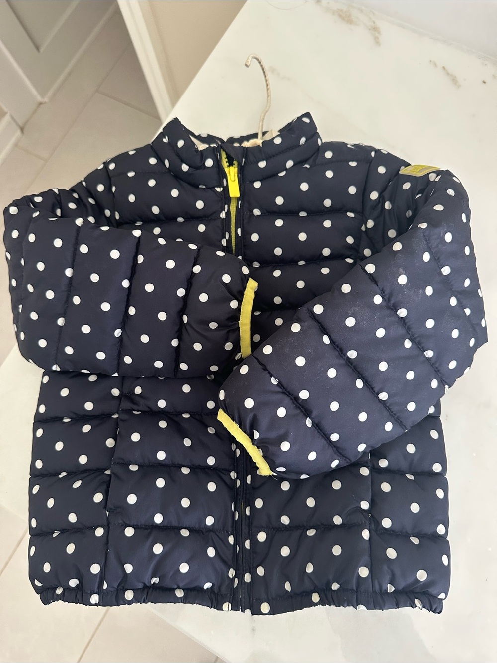 GAP Navy Polka Dot Puffer Jacket with Yellow Trim